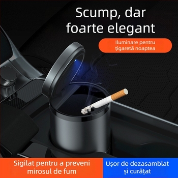 Scrumiere auto inteligentă cu capac și iluminare, metal, model YHG-1, gravură, personalizabilă, pentru utilizare în mașină și acasă