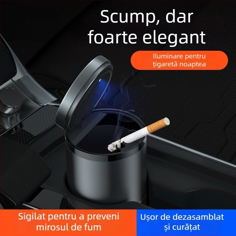 Scrumiere auto inteligentă cu capac și iluminare, metal, model YHG-1, gravură, personalizabilă, pentru utilizare în mașină și acasă