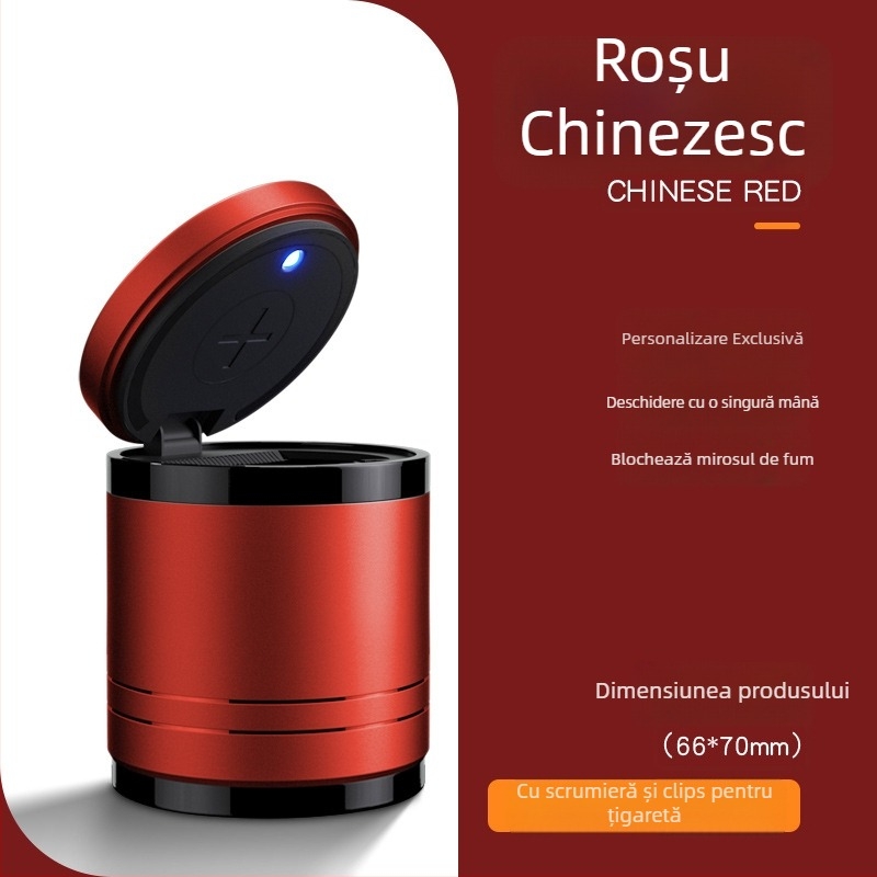 Scrumiere auto inteligentă cu capac și iluminare, metal, model YHG-1, gravură, personalizabilă, pentru utilizare în mașină și acasă