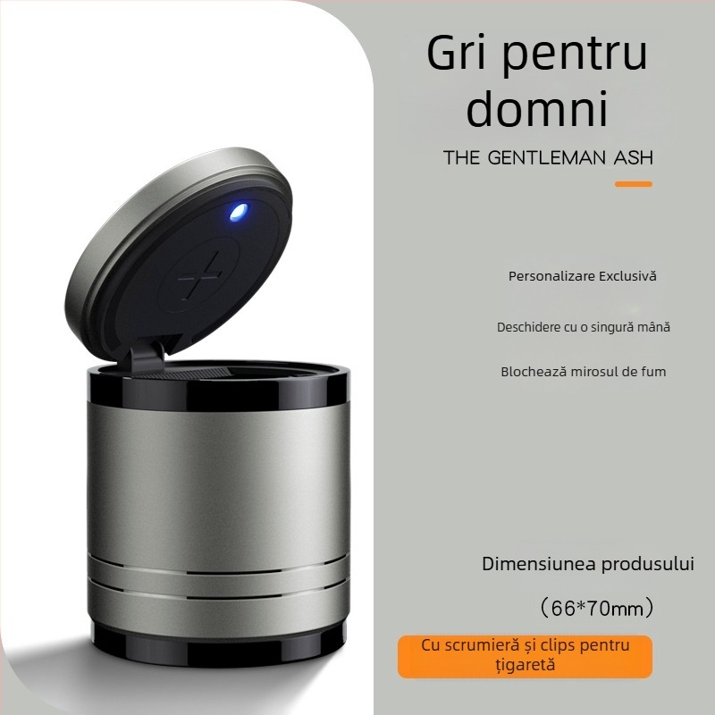 Scrumiere auto inteligentă cu capac și iluminare, metal, model YHG-1, gravură, personalizabilă, pentru utilizare în mașină și acasă