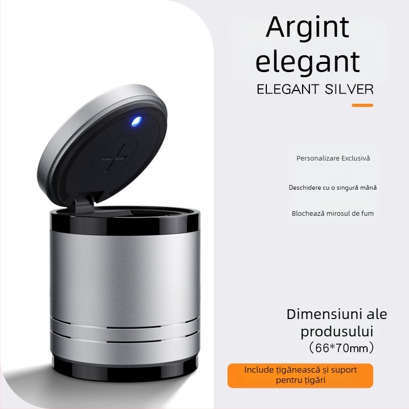 Scrumiere auto inteligentă cu capac și iluminare, metal, model YHG-1, gravură, personalizabilă, pentru utilizare în mașină și acasă