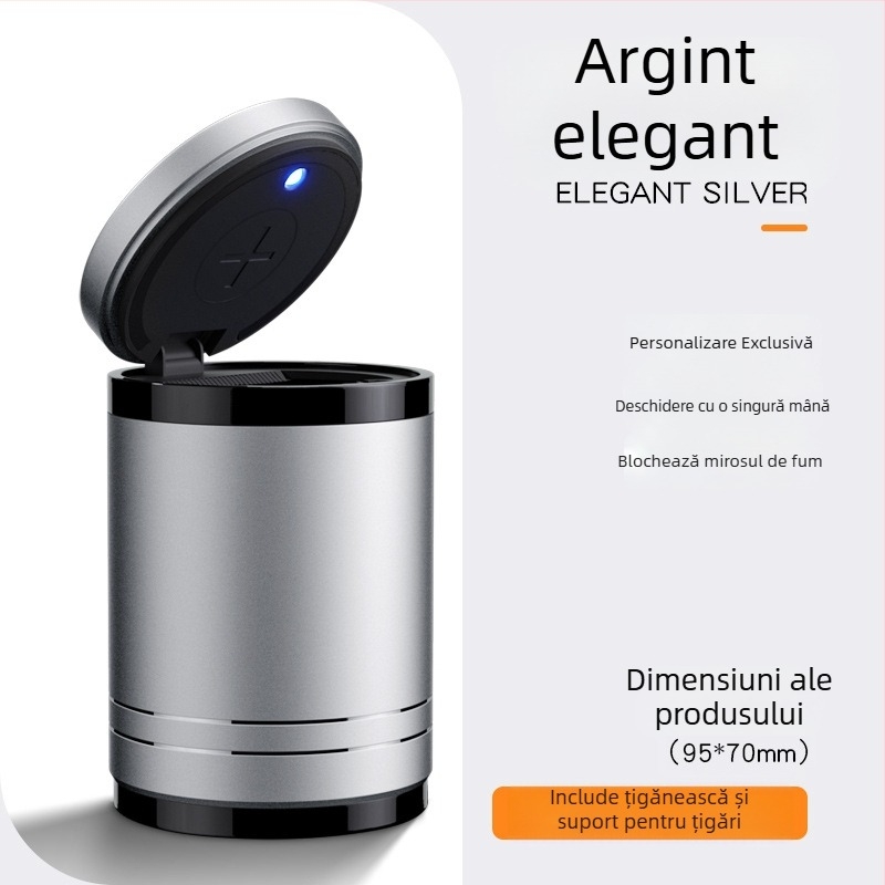 Scrumiere auto inteligentă cu capac și iluminare, metal, model YHG-1, gravură, personalizabilă, pentru utilizare în mașină și acasă