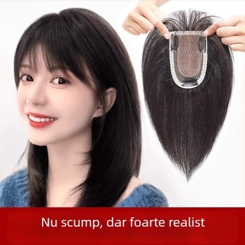 Piesă de perucă pentru partea superioară a capului, păr uman, scalp realist, breton drept, model Diamond net, pentru femei, poate fi vopsită sau îndreptată