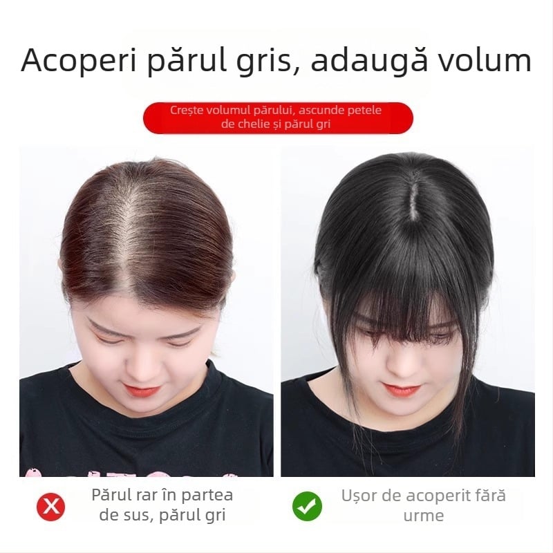 Piesă de perucă pentru partea superioară a capului, păr uman, scalp realist, breton drept, model Diamond net, pentru femei, poate fi vopsită sau îndreptată