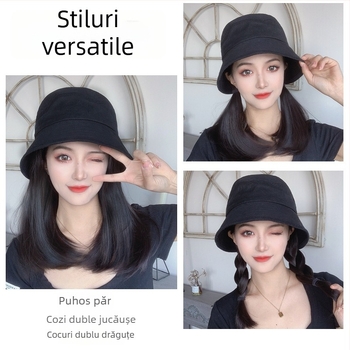 Pălărie de perucă cu șapcă de pescuit integrată – stil coreean, păr mediu până la claviculă, fir rezistent la temperaturi înalte, fără breton