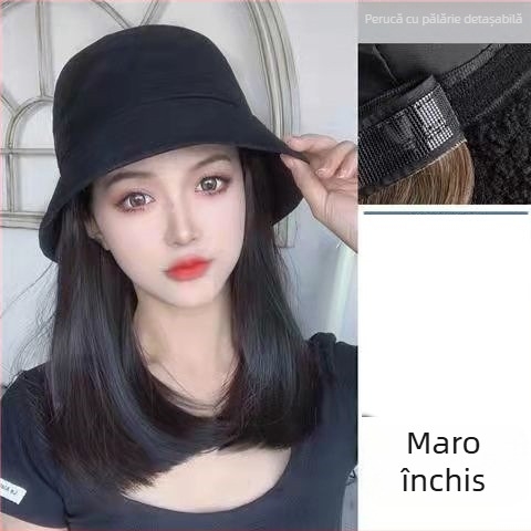 Pălărie de perucă cu șapcă de pescuit integrată – stil coreean, păr mediu până la claviculă, fir rezistent la temperaturi înalte, fără breton