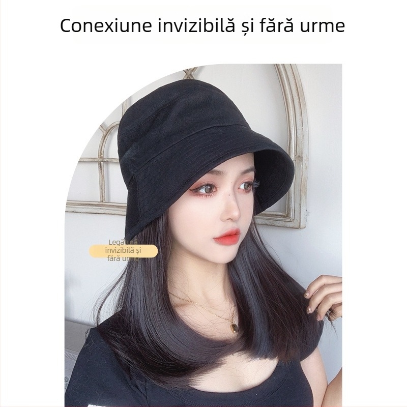 Pălărie de perucă cu șapcă de pescuit integrată – stil coreean, păr mediu până la claviculă, fir rezistent la temperaturi înalte, fără breton
