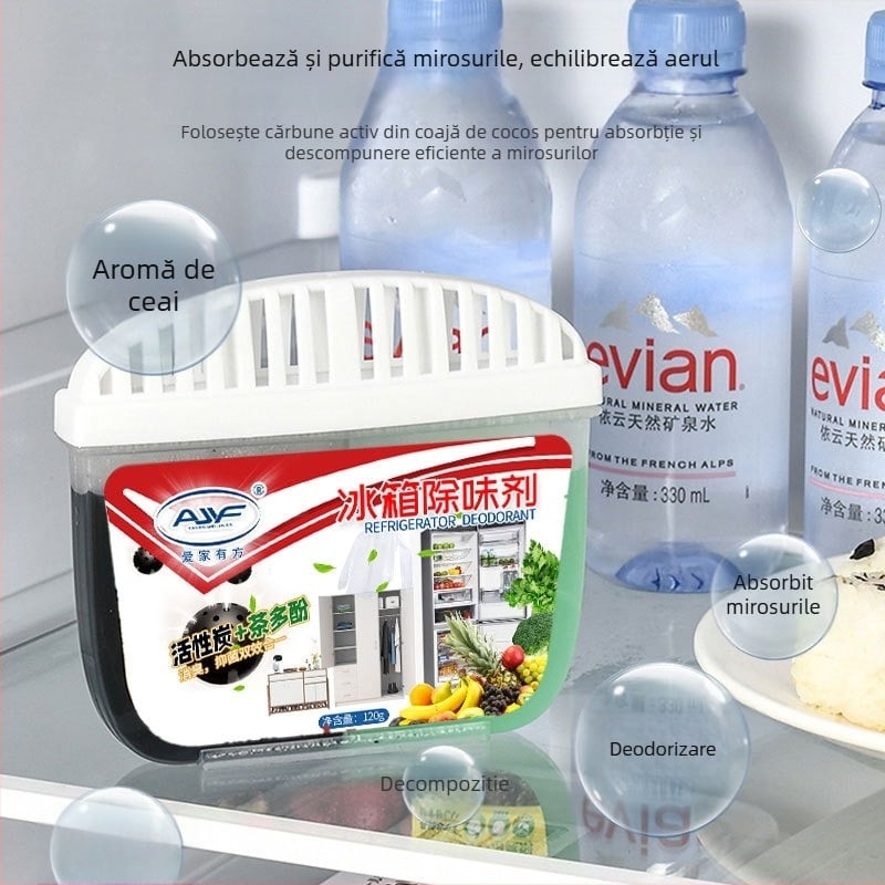 Aijia Youfang deodorant pentru frigider – absorbția mirosurilor, menținerea prospețimii, sterilizare; parfum de lămâie; 120 g; cărbune activ și ceai