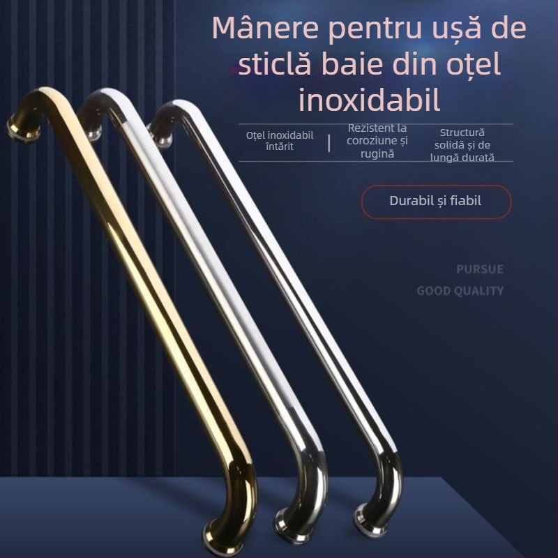 Maner pentru ușă de duș din sticlă, oțel inoxidabil 304, distanță între găuri 440 mm, finisaj fin lustruit, stil modern minimalist