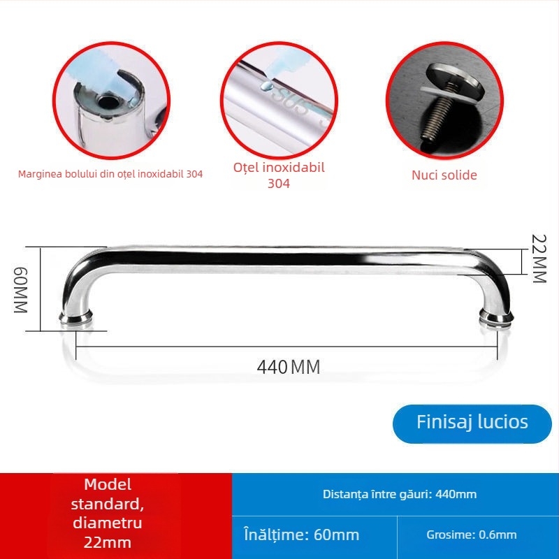 Maner pentru ușă de duș din sticlă, oțel inoxidabil 304, distanță între găuri 440 mm, finisaj fin lustruit, stil modern minimalist