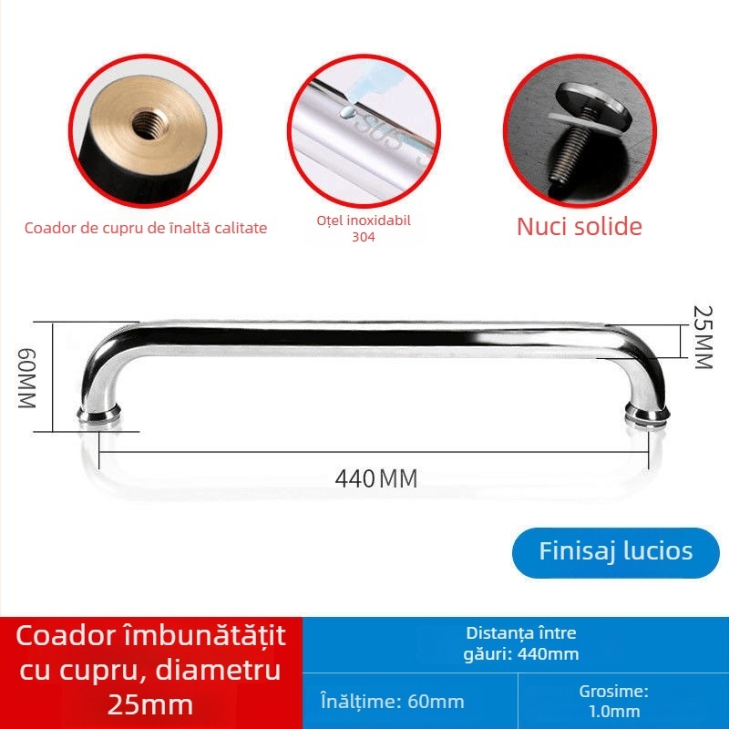 Maner pentru ușă de duș din sticlă, oțel inoxidabil 304, distanță între găuri 440 mm, finisaj fin lustruit, stil modern minimalist