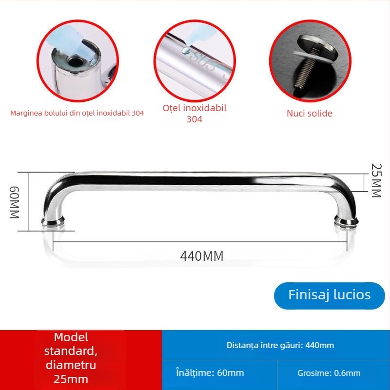 Maner pentru ușă de duș din sticlă, oțel inoxidabil 304, distanță între găuri 440 mm, finisaj fin lustruit, stil modern minimalist