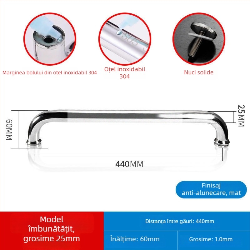 Maner pentru ușă de duș din sticlă, oțel inoxidabil 304, distanță între găuri 440 mm, finisaj fin lustruit, stil modern minimalist