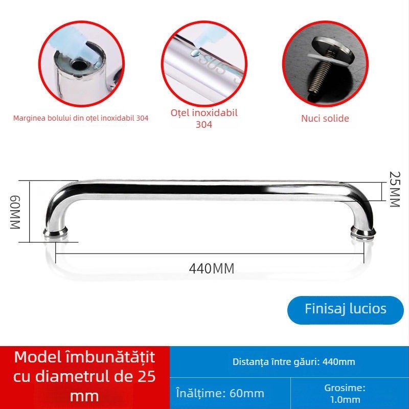 Maner pentru ușă de duș din sticlă, oțel inoxidabil 304, distanță între găuri 440 mm, finisaj fin lustruit, stil modern minimalist