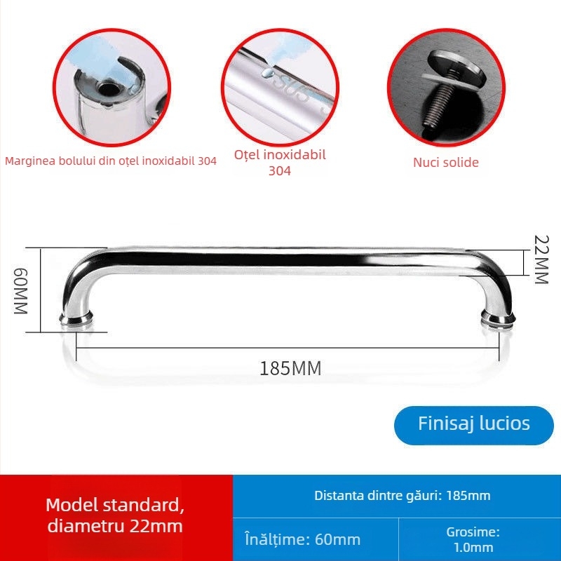 Maner pentru ușă de duș din sticlă, oțel inoxidabil 304, distanță între găuri 440 mm, finisaj fin lustruit, stil modern minimalist