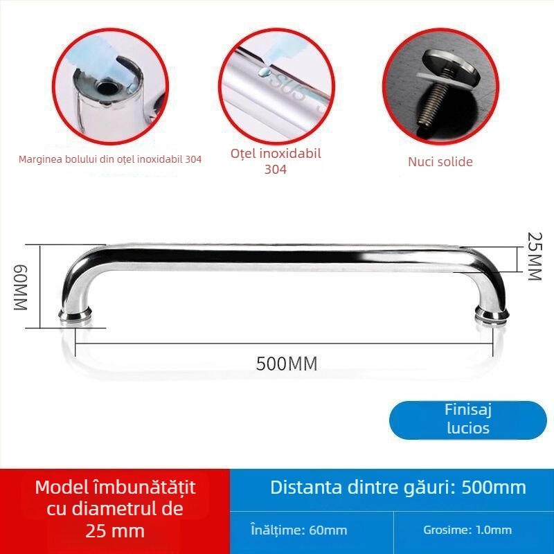Maner pentru ușă de duș din sticlă, oțel inoxidabil 304, distanță între găuri 440 mm, finisaj fin lustruit, stil modern minimalist