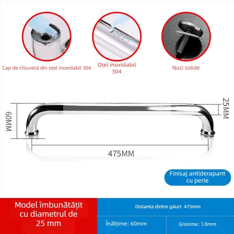 Maner pentru ușă de duș din sticlă, oțel inoxidabil 304, distanță între găuri 440 mm, finisaj fin lustruit, stil modern minimalist