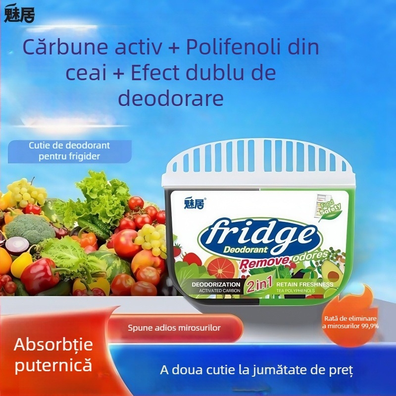 Cutie pentru deodorare a frigiderului cu cărbune activ și polifenoli de ceai — menține prospețimea fructelor și legumelor, elimină mirosurile (120 g)