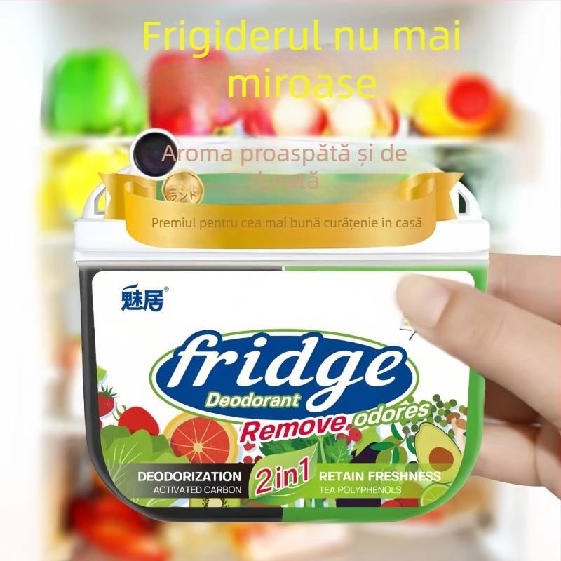 Cutie pentru deodorare a frigiderului cu cărbune activ și polifenoli de ceai — menține prospețimea fructelor și legumelor, elimină mirosurile (120 g)