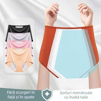 Chiloți din bumbac cu talie înaltă pentru menstruație, 95% bumbac, 5% elastan, căptușeală în zona cracului 100% bumbac