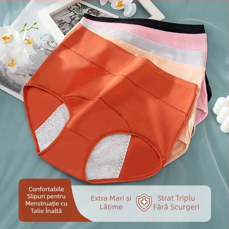 Chiloți din bumbac cu talie înaltă pentru menstruație, 95% bumbac, 5% elastan, căptușeală în zona cracului 100% bumbac