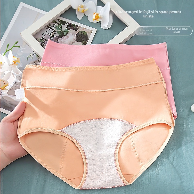 Chiloți din bumbac cu talie înaltă pentru menstruație, 95% bumbac, 5% elastan, căptușeală în zona cracului 100% bumbac