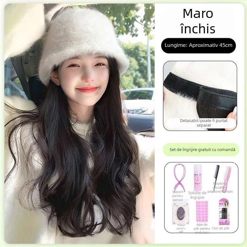 Pălărie-perucă pentru femei, păr lung buclat, aspect natural, lungime mare, sârmă rezistentă la temperaturi înalte, acoperire completă a capului