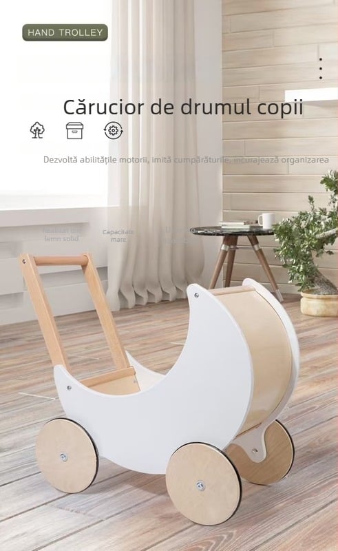 Cărucior de cumpărături din lemn pentru joacă de gospodărie, jucărie educativă pentru copii 4–6 ani