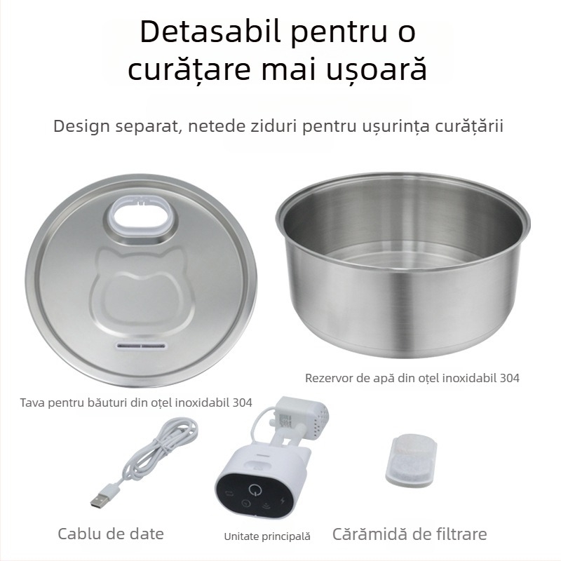 Fântână de apă inteligentă pentru animale de companie - oțel inoxidabil, senzor automat, detașabilă, pentru câini și pisici - Model 801