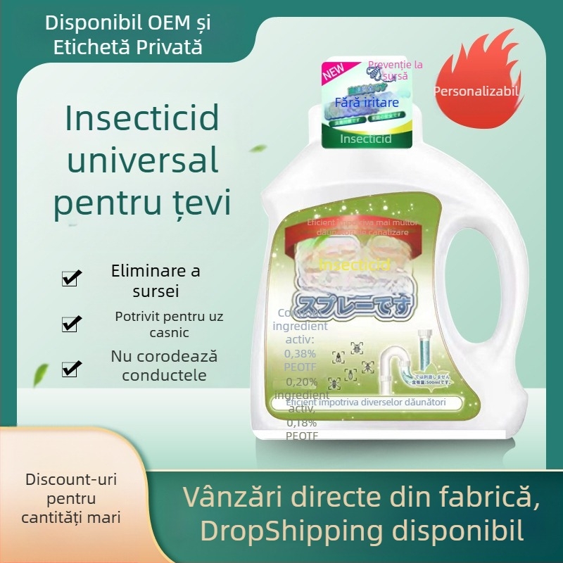 Insecticid pentru canalizare și țevi (baie și bucătărie) – lichid; brand Yuhong; vizează insecte zburătoare, gândaci, millepede și țânțari