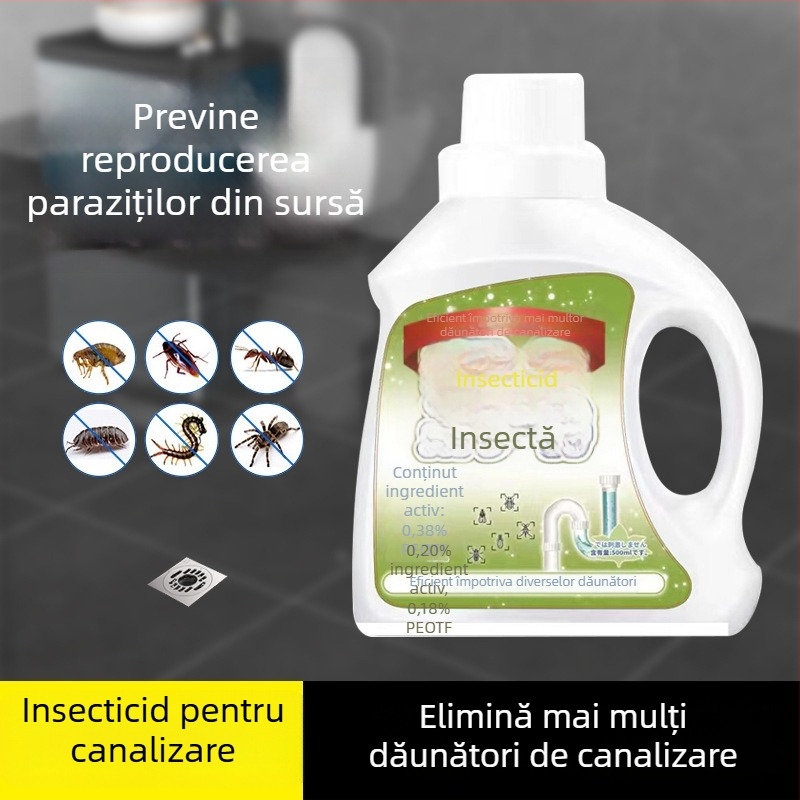 Insecticid pentru canalizare și țevi (baie și bucătărie) – lichid; brand Yuhong; vizează insecte zburătoare, gândaci, millepede și țânțari
