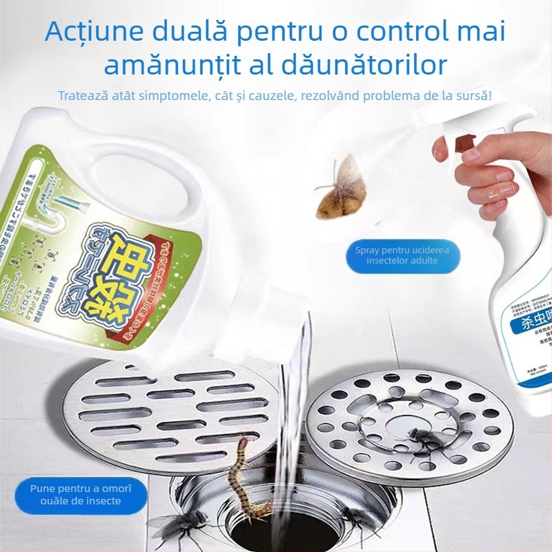 Insecticid pentru canalizare și țevi (baie și bucătărie) – lichid; brand Yuhong; vizează insecte zburătoare, gândaci, millepede și țânțari