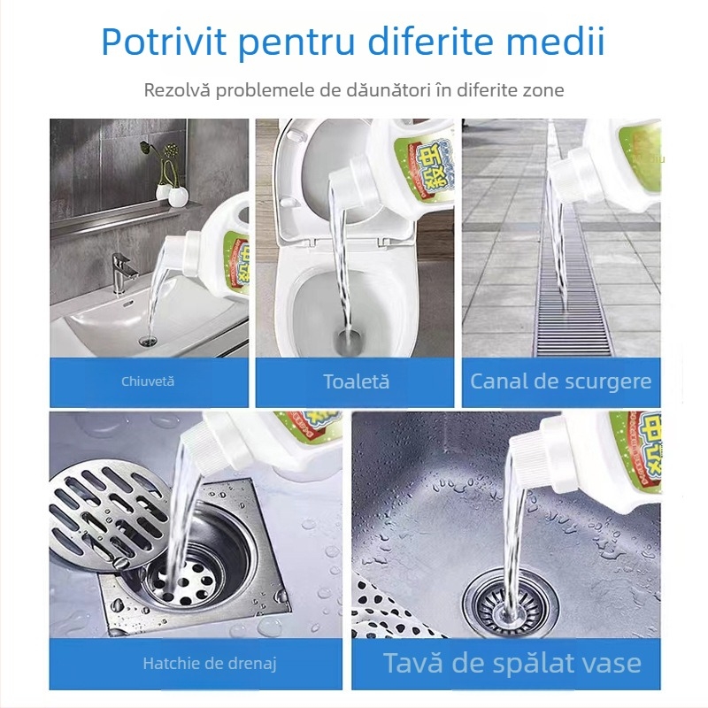 Insecticid pentru canalizare și țevi (baie și bucătărie) – lichid; brand Yuhong; vizează insecte zburătoare, gândaci, millepede și țânțari