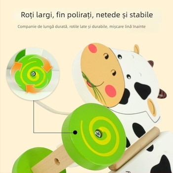 Căruț din lemn cu vacă de lapte pentru copii 4–6 ani — jucărie educațională pentru învățare timpurie