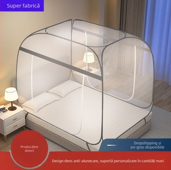 Plasă de țânțari pentru pat, stil yurta, fără montaj, țesătură poliester, cadru din oțel, design modern