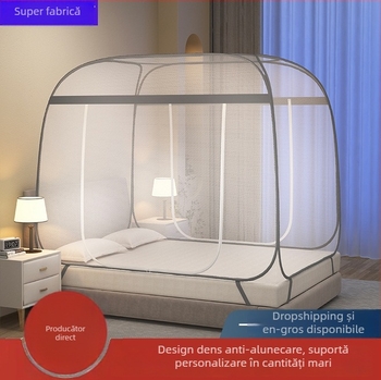 Plasă de țânțari pentru pat, stil yurta, fără montaj, țesătură poliester, cadru din oțel, design modern
