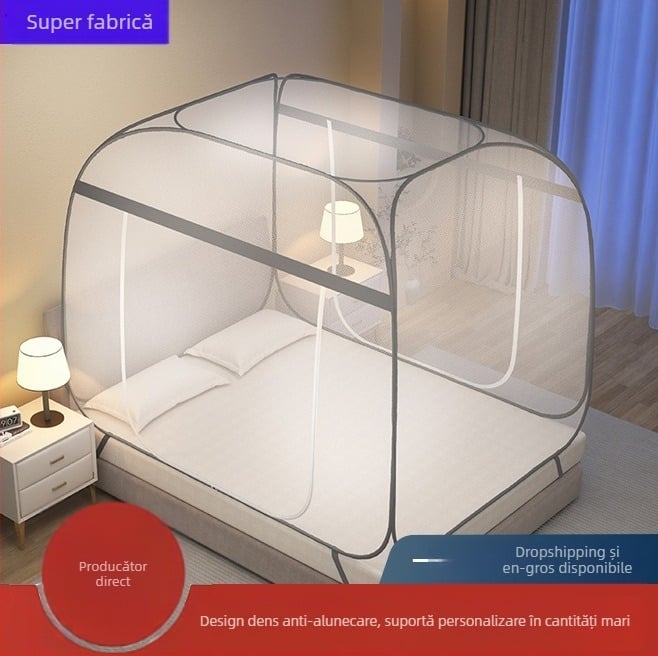 Plasă de țânțari pentru pat, stil yurta, fără montaj, țesătură poliester, cadru din oțel, design modern