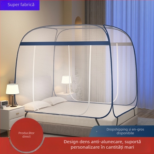 Plasă de țânțari pentru pat, stil yurta, fără montaj, țesătură poliester, cadru din oțel, design modern
