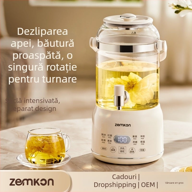 Zemkon Pot de sănătate cu corp din sticlă borosilicată de înaltă calitate, 3 L, 800 W, 220 V, termostat digital, control prin atingere, model RC-Z830D35