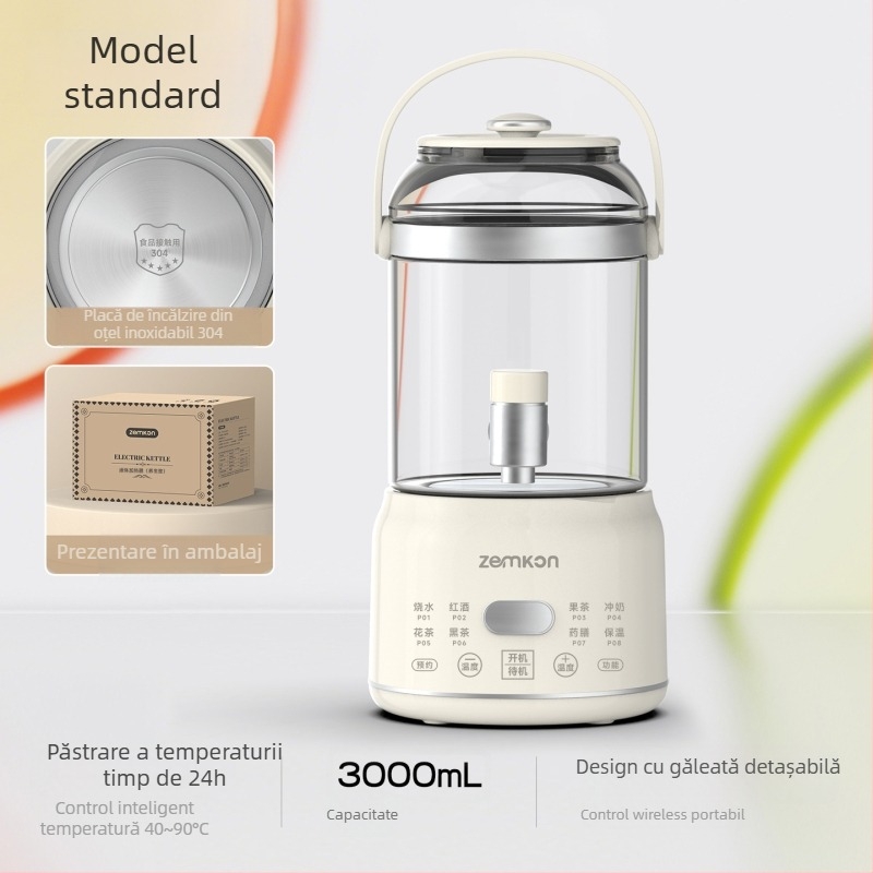 Zemkon Pot de sănătate cu corp din sticlă borosilicată de înaltă calitate, 3 L, 800 W, 220 V, termostat digital, control prin atingere, model RC-Z830D35