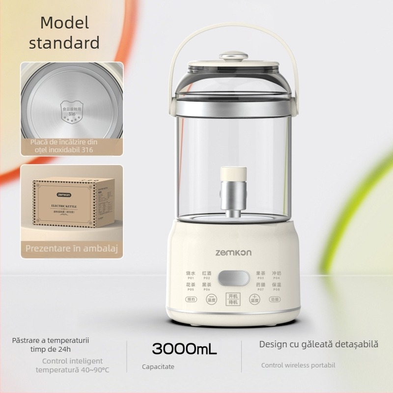 Zemkon Pot de sănătate cu corp din sticlă borosilicată de înaltă calitate, 3 L, 800 W, 220 V, termostat digital, control prin atingere, model RC-Z830D35