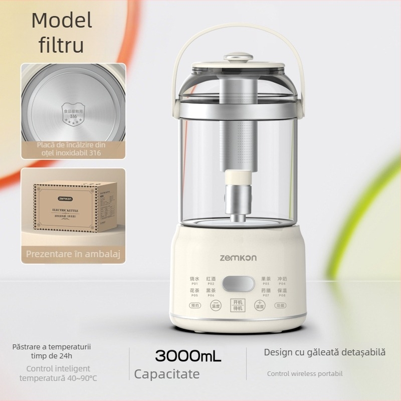 Zemkon Pot de sănătate cu corp din sticlă borosilicată de înaltă calitate, 3 L, 800 W, 220 V, termostat digital, control prin atingere, model RC-Z830D35