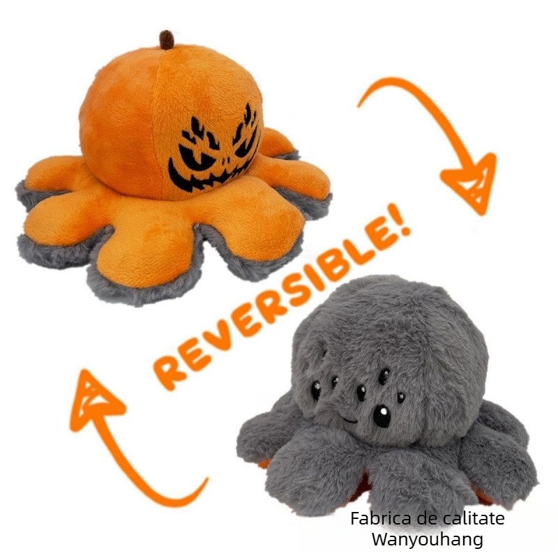 Jucărie de pluș pentru bebeluși 0–3 ani: dovleac-caracatiță inversibil, pluș ultra-moale, umplutură din pluș, ambalaj în cutie colorată