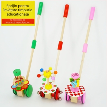 Jucărie din lemn pentru împins, pentru sugari 0–2 ani, cu tijă rotativă în formă de fluture, stimulează dezvoltarea senzorială, vizuală și cognitivă, precum coordonarea mână-ochi