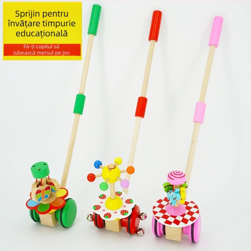 Jucărie din lemn pentru împins, pentru sugari 0–2 ani, cu tijă rotativă în formă de fluture, stimulează dezvoltarea senzorială, vizuală și cognitivă, precum coordonarea mână-ochi