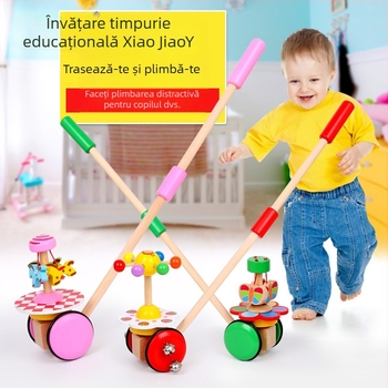 Jucărie din lemn pentru împins – Cărucior educațional cu animale desen animate, pentru sugari 0–3 ani