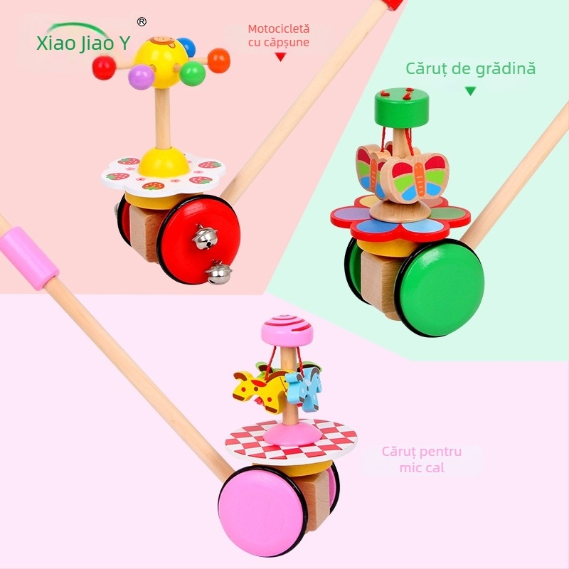 Jucărie din lemn pentru împins – Cărucior educațional cu animale desen animate, pentru sugari 0–3 ani