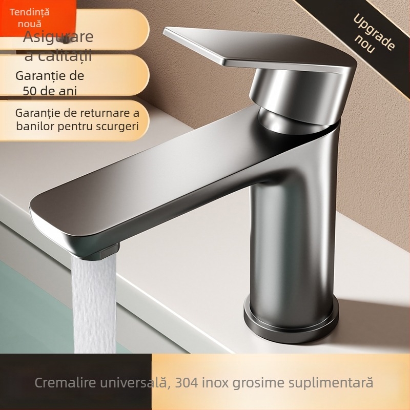 Robinet de lavoar din oțel inoxidabil pentru baie, cu apă caldă și rece, disc ceramic, 0-90°C, modelul 966