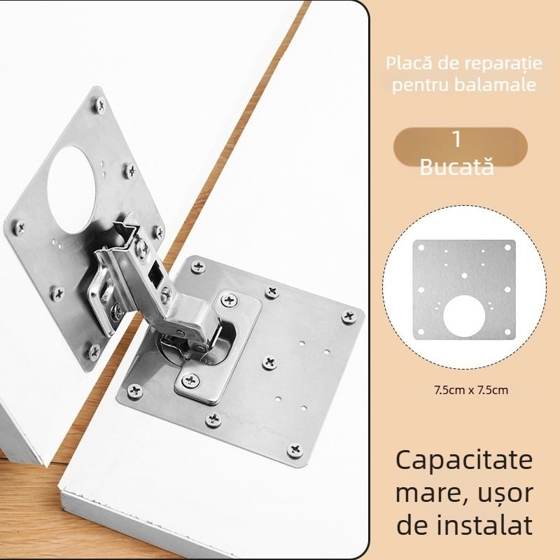 Placă de reparație a balamalelor ușii de dulap, model 1034, balama pătrată obișnuită, oțel inoxidabil, finisaj de suprafață general, stil lux ușor