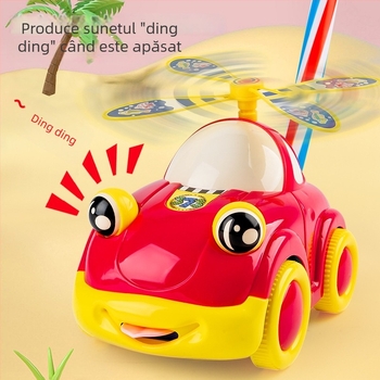 Mașinuță de jucărie trasabilă pentru copii, cu tijă din două secțiuni, claxon și ochi mobili; construcție din plastic; ambalată într-o pungă; pentru 4–6 ani.